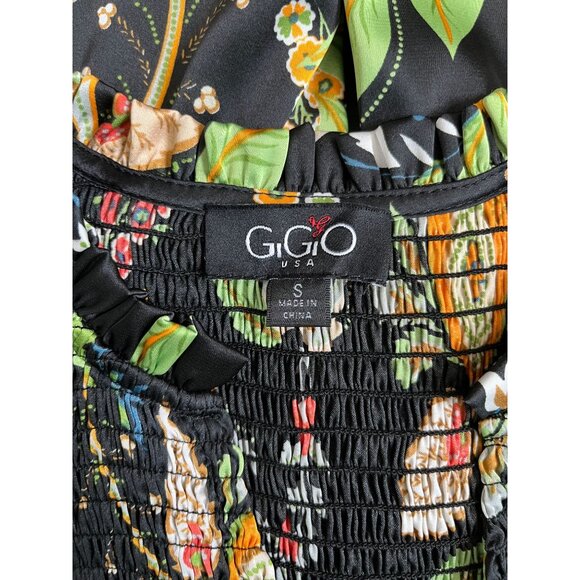 GiGiO USA Black Floral Ruffle Mini Dress Tiered Babydoll Sateen Fabric Small - Picture 4 of 11